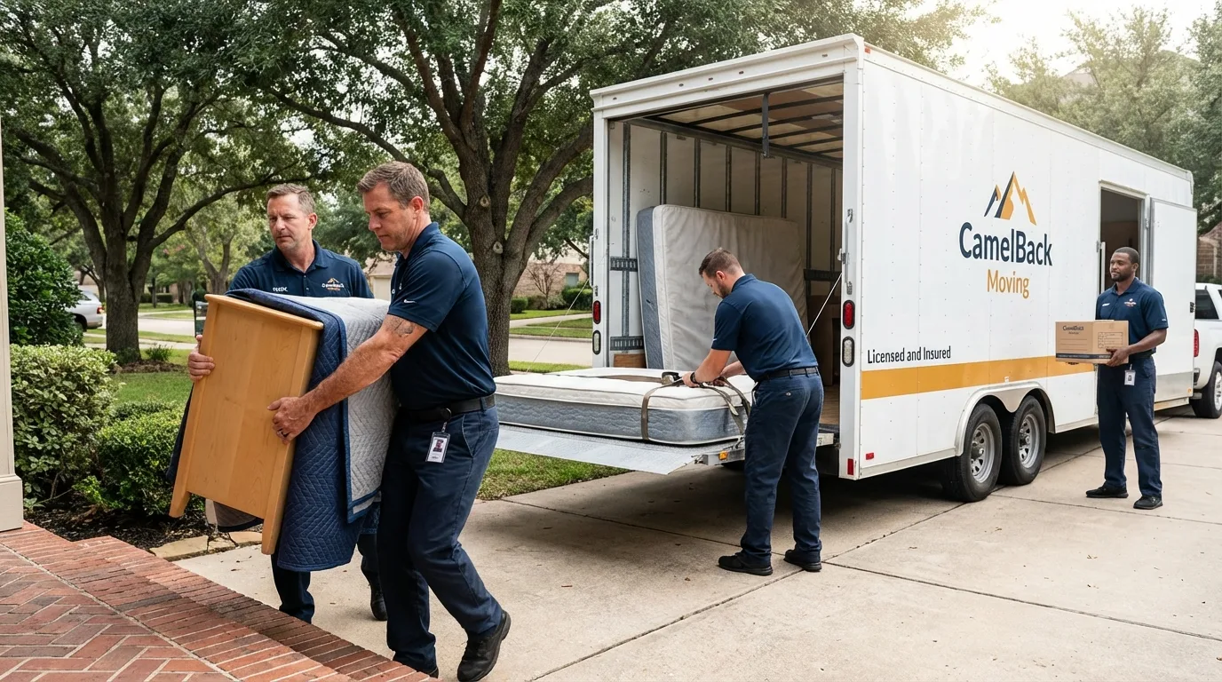 Crew loading residential truck for cross-state move from Queen City, TX