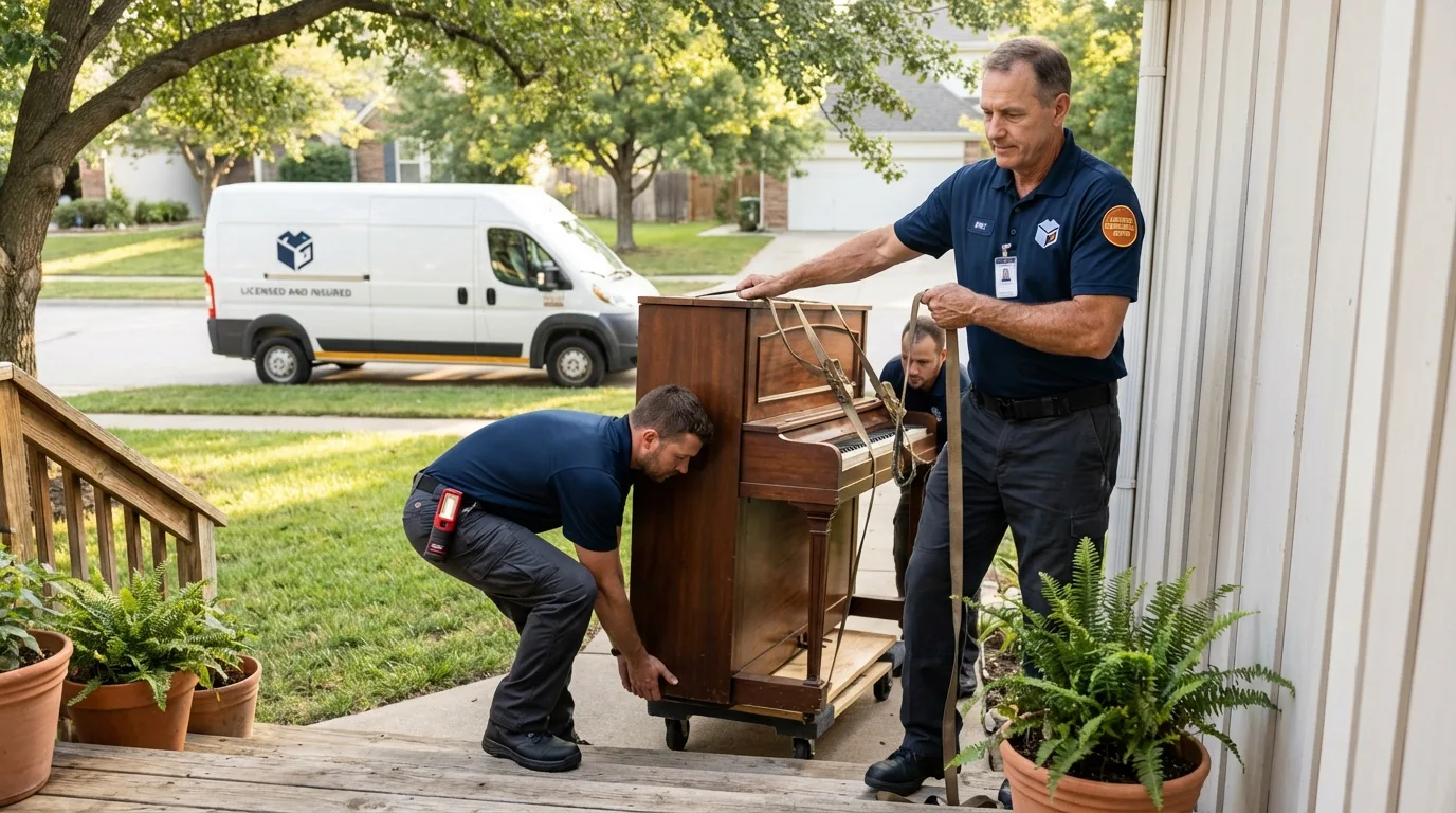 Licensed piano movers securing grand piano in Queen City, TX