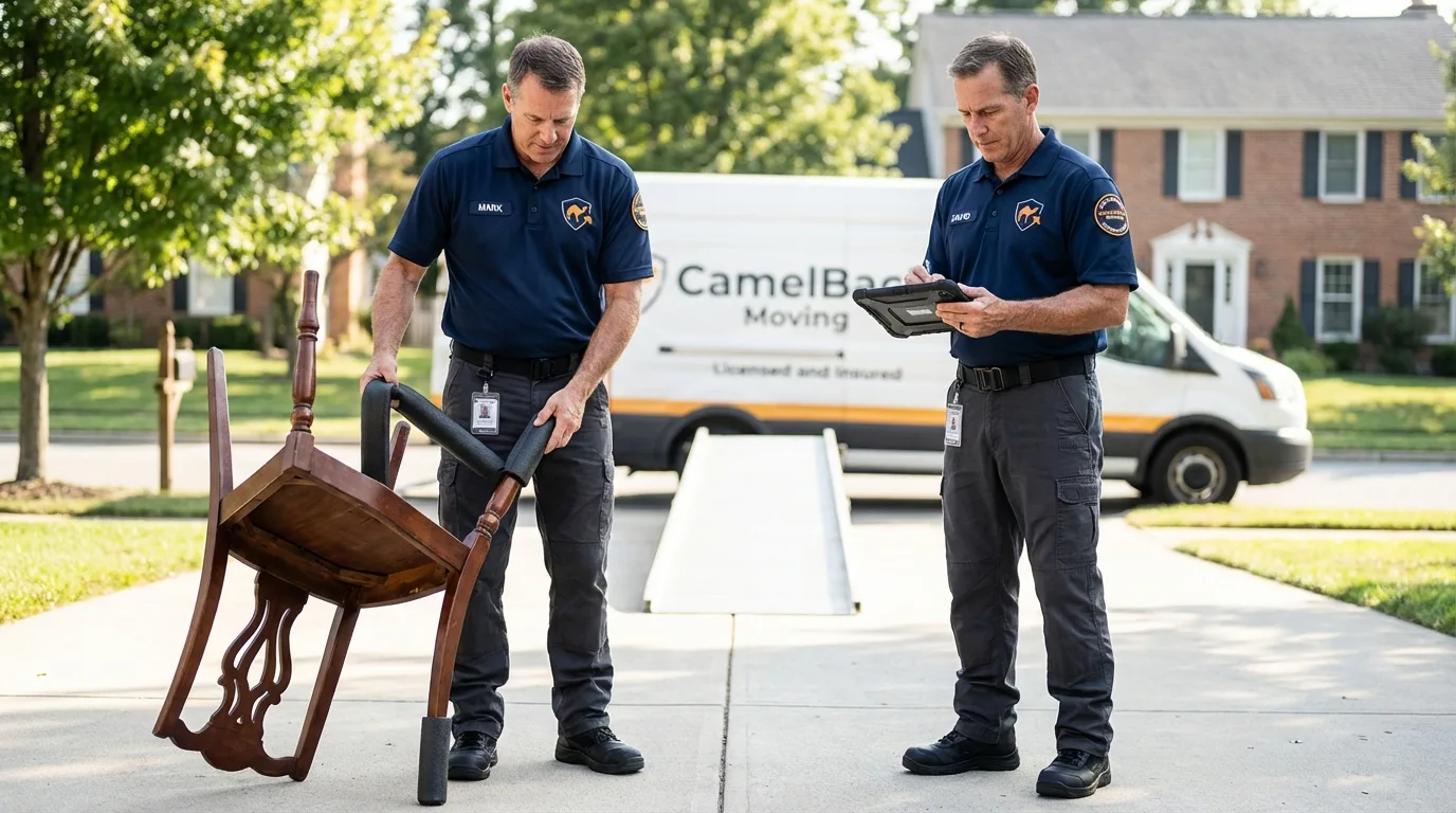 Movers inspecting furniture for damage prevention before loading in Queen City, TX