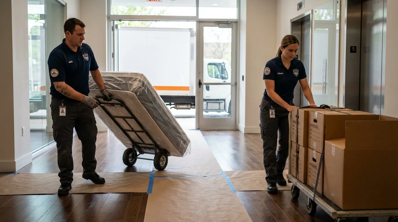 Professional apartment movers loading elevator in Queen City, TX